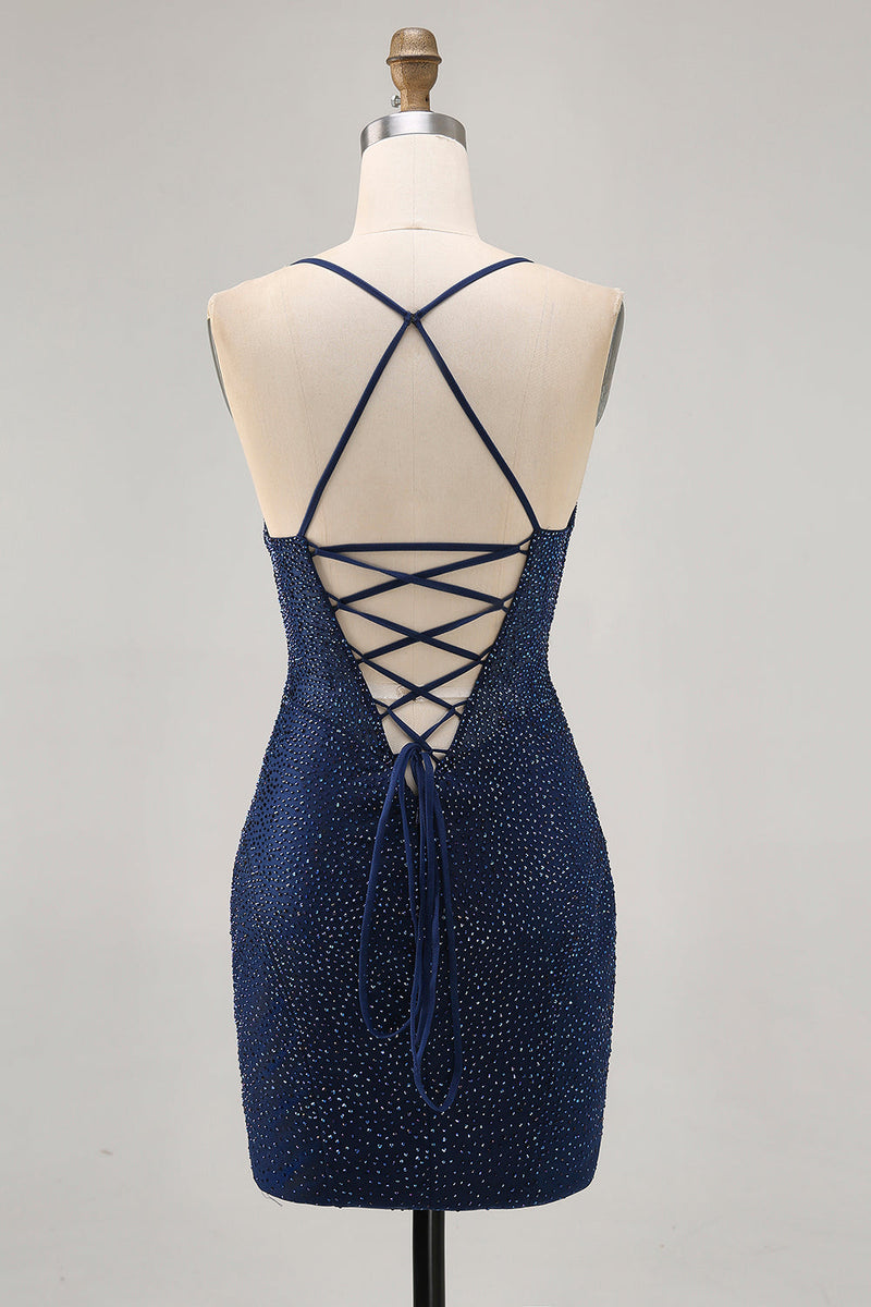 Queendancer Women Sparkly Dark Blue Tight Short Homecoming Dress with  Beading Satin Lace-Up Back Spaghetti Straps Cocktail Dress – queendancer