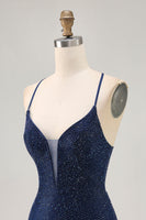 Load image into Gallery viewer, Sparkly Dark Blue Short Tight Homecoming Dress with Beading
