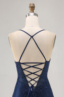 Load image into Gallery viewer, Sparkly Dark Blue Short Tight Homecoming Dress with Beading