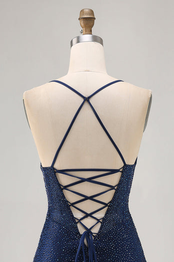 Sparkly Dark Blue Short Tight Homecoming Dress with Beading