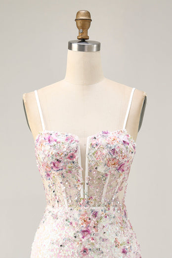 Sparkly Floral White Sequins Tight Short Corset Homecoming Dress