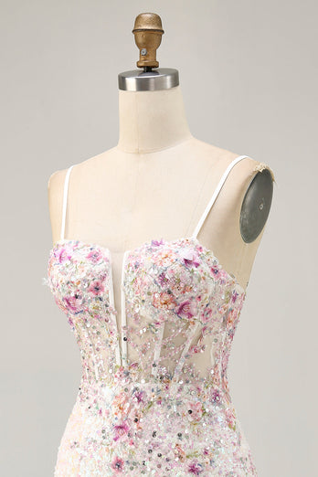 Sparkly Floral White Sequins Tight Short Corset Homecoming Dress