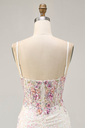 Sparkly Floral White Sequins Tight Short Corset Homecoming Dress