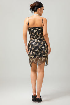 Sparkly Black Golden Tight Sequins Short 1920s Dress with Beading