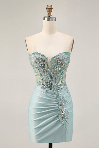 Sparkly Grey Green Tight Short Corset Homecoming Dress with Beading