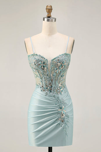 Sparkly Grey Green Tight Short Corset Homecoming Dress with Beading