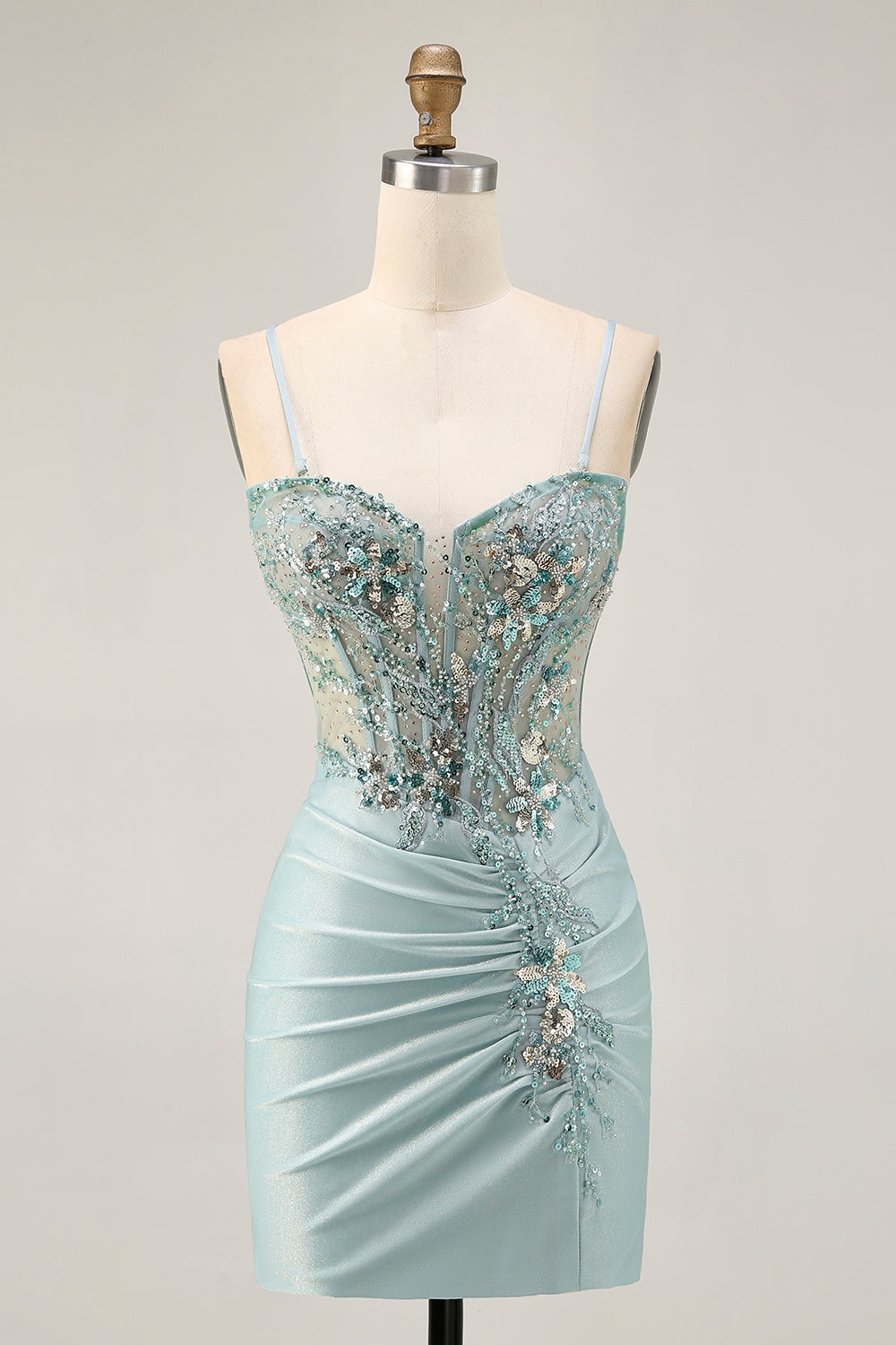 Sparkly Grey Green Tight Short Corset Homecoming Dress with Beading