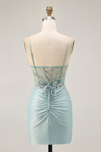 Sparkly Grey Green Tight Short Corset Homecoming Dress with Beading