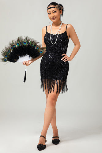 Sparkly Black Tight Sequins Short 1920s Dress with Fringes