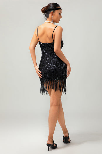 Sparkly Black Tight Sequins Short 1920s Dress with Fringes