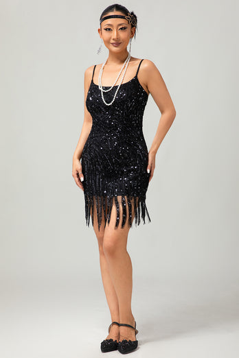 Sparkly Black Tight Sequins Short 1920s Dress with Fringes