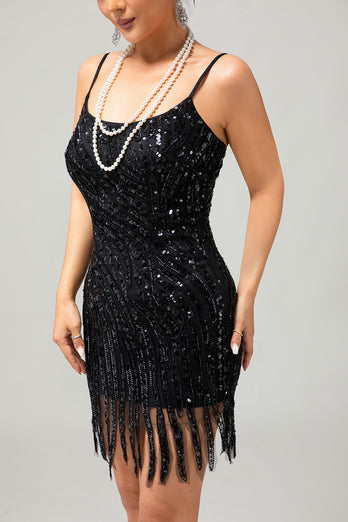 Sparkly Black Tight Sequins Short 1920s Dress with Fringes