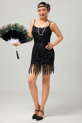 Sparkly Black Tight Sequins Short 1920s Dress with Fringes