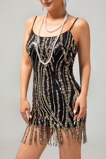 Sparkly Black Golden Fringed Short 1920s Dress with Sequins