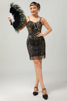 Load image into Gallery viewer, Sparkly Black Golden Spaghetti Straps Sequins Short Flapper Dress