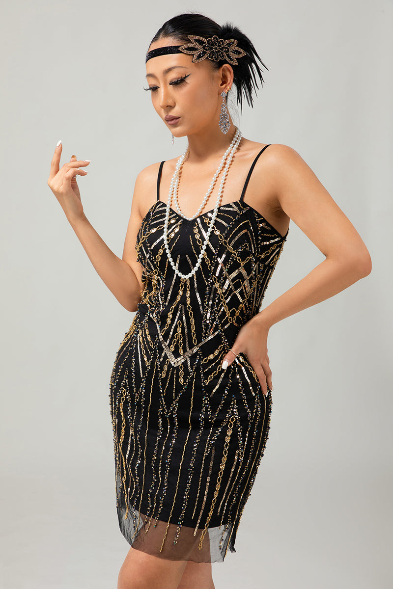 Load image into Gallery viewer, Sparkly Black Golden Spaghetti Straps Sequins Short Flapper Dress