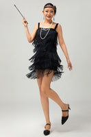 Load image into Gallery viewer, Sparkly Black Fringed Tight Short Flapper Dress