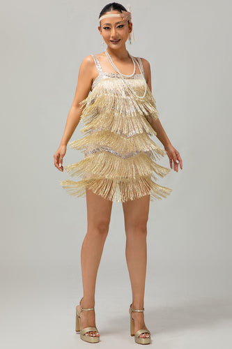Sparkly Golden Tight Short Flapper Dress with Fringes