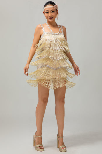 Sparkly Golden Tight Short Flapper Dress with Fringes