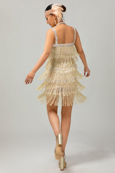 Sparkly Golden Tight Short Flapper Dress with Fringes