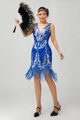 Sparkly Royal Blue Bodycon Sequins Flapper Dress with Fringes
