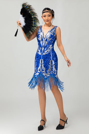 Sparkly Royal Blue Bodycon Sequins Flapper Dress with Fringes