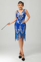 Load image into Gallery viewer, Sparkly Royal Blue Bodycon Sequins Flapper Dress with Fringes