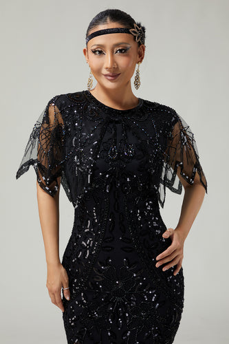 Sparkly Black Beaded 1920s Cape with Sequins