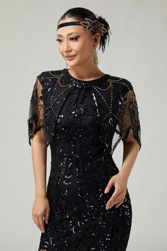 Sparkly Black Golden Beaded 1920s Cape with Sequins