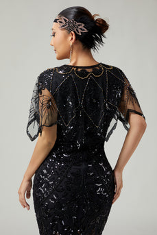 Sparkly Black Golden Beaded 1920s Cape with Sequins