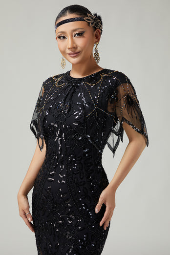 Sparkly Black Golden Beaded 1920s Cape with Sequins
