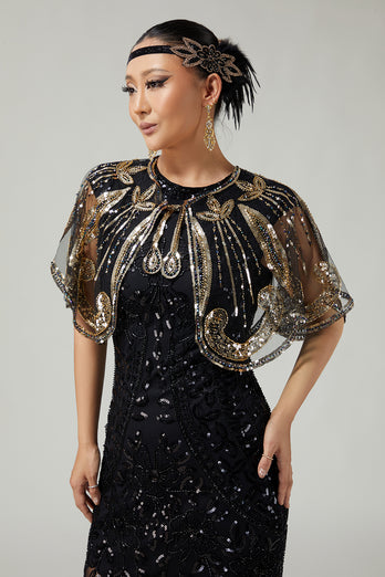 Sparkly Black Golden Sequins 1920s Cape