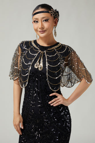 Sparkly Black Golden Sequins Tulle 1920s Cape
