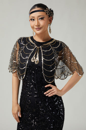 Sparkly Black Golden Sequins Tulle 1920s Cape