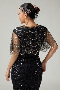 Sparkly Black Golden Sequins Tulle 1920s Cape