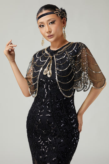 Sparkly Black Golden Sequins Tulle 1920s Cape