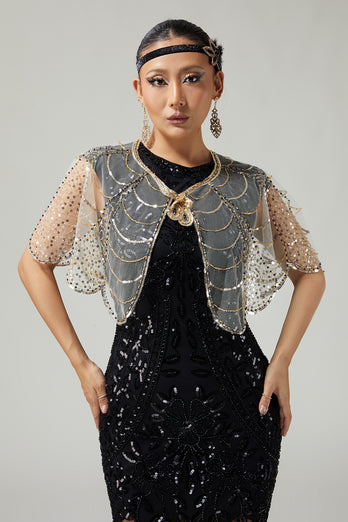 Sparkly Black Golden Sequins Tulle 1920s Cape
