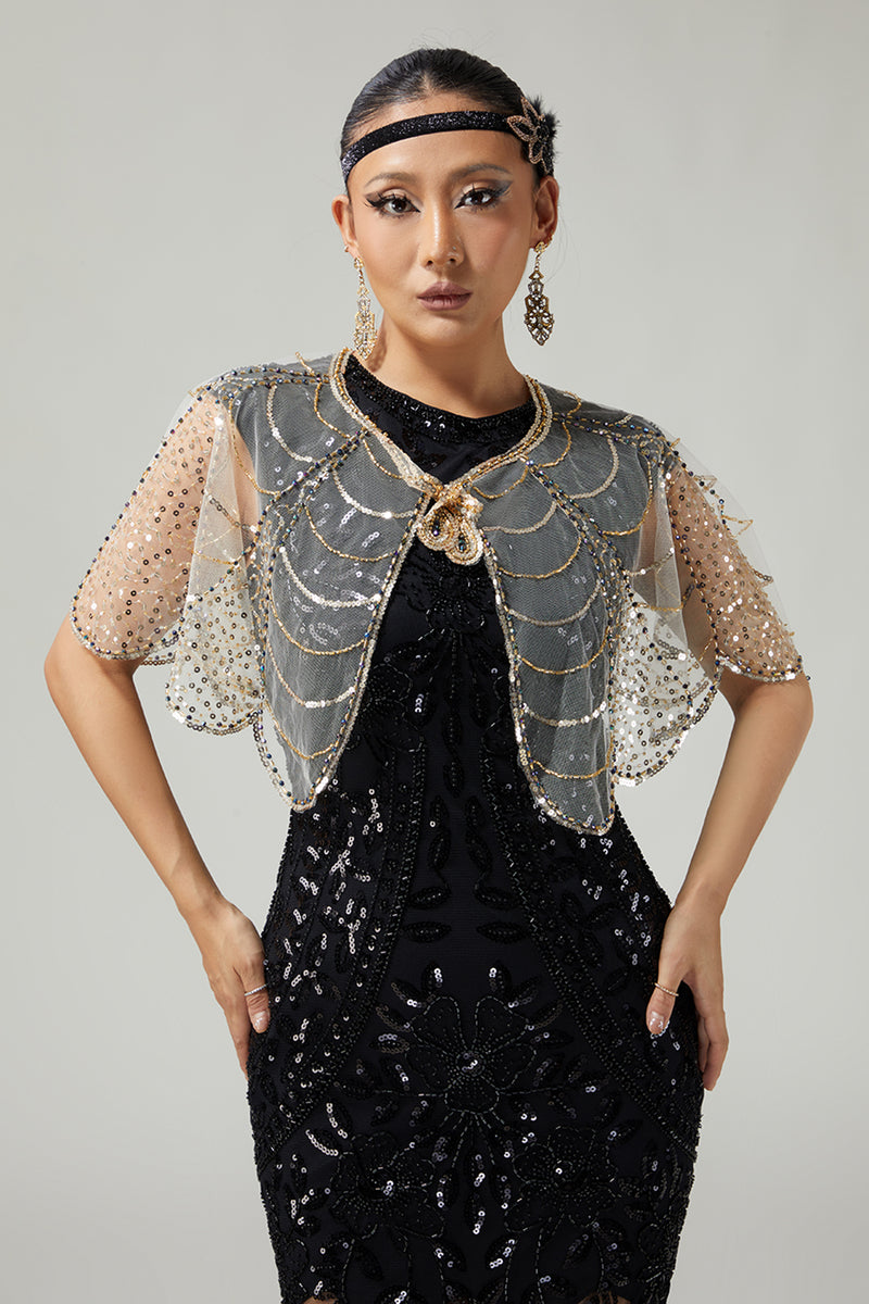 Load image into Gallery viewer, Sparkly Black Golden Sequins Tulle 1920s Cape