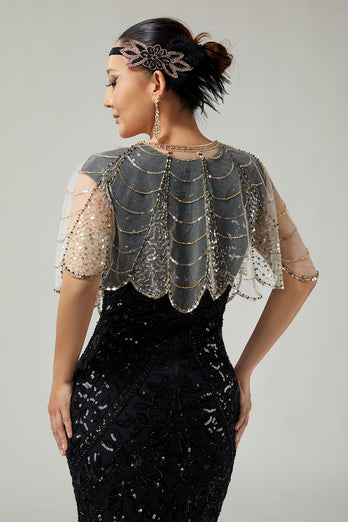 Sparkly Black Golden Sequins Tulle 1920s Cape