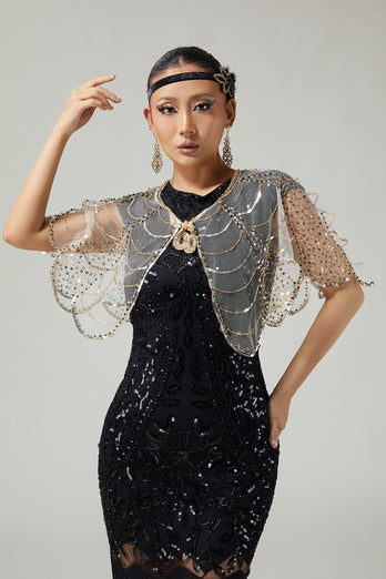 Sparkly Black Golden Sequins Tulle 1920s Cape