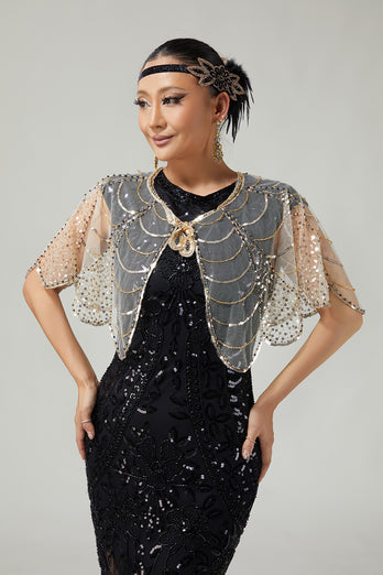 Sparkly Black Golden Sequins Tulle 1920s Cape
