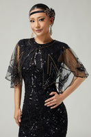 Load image into Gallery viewer, Glitter Black Golden Sequins Tulle 1920s Cape with Beading