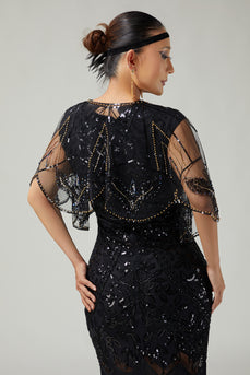 Glitter Black Tulle Sequins 1920s Cape with Beading