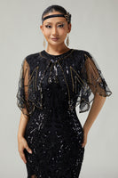 Load image into Gallery viewer, Glitter Black Golden Sequins Tulle 1920s Cape with Beading