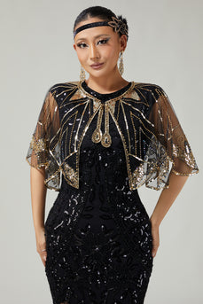 Glitter Black Golden Sequins Tulle 1920s Cape with Beading