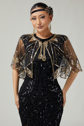 Glitter Black Golden Sequins Tulle 1920s Cape with Beading