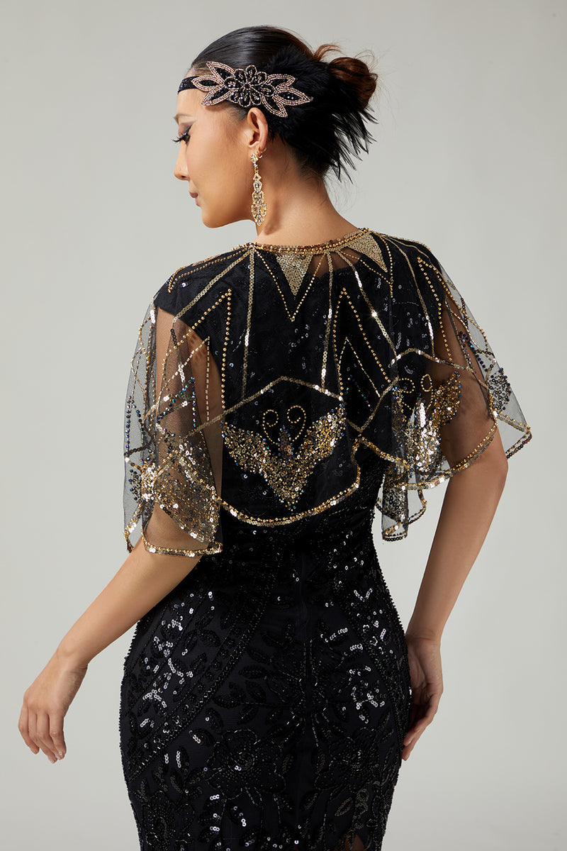 Load image into Gallery viewer, Glitter Black Golden Sequins Tulle 1920s Cape with Beading