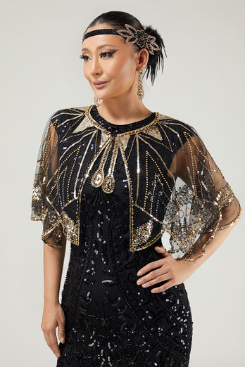 Glitter Black Golden Sequins Tulle 1920s Cape with Beading