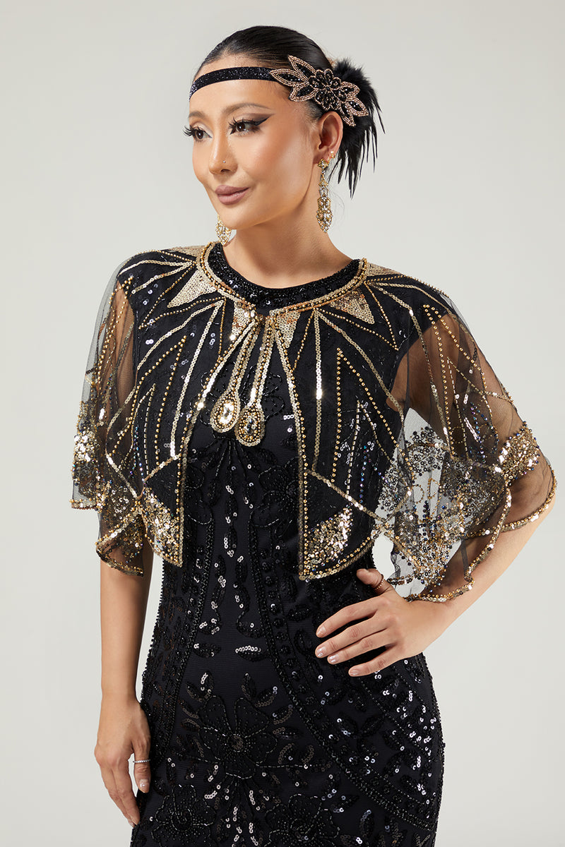 Load image into Gallery viewer, Glitter Black Golden Sequins Tulle 1920s Cape with Beading