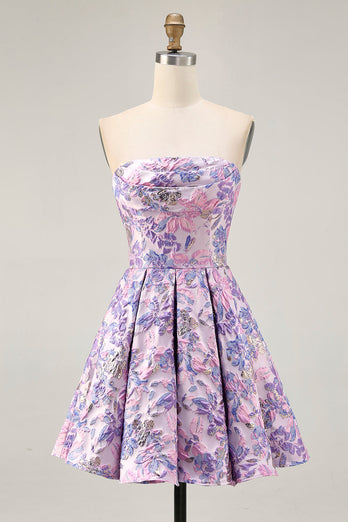 Floral Lilac A Line Ruched Strapless Short Homecoming Dress